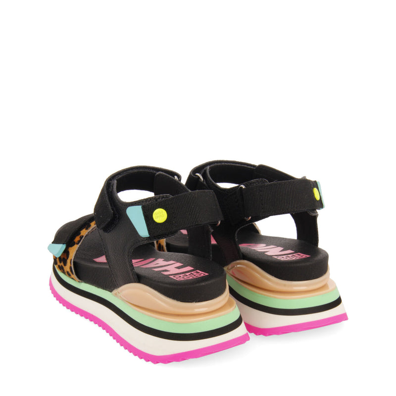 Sandalias de corte tiras ajustables negras animal print para niñas baldim