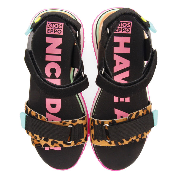 Sandalias de corte tiras ajustables negras animal print para niñas baldim