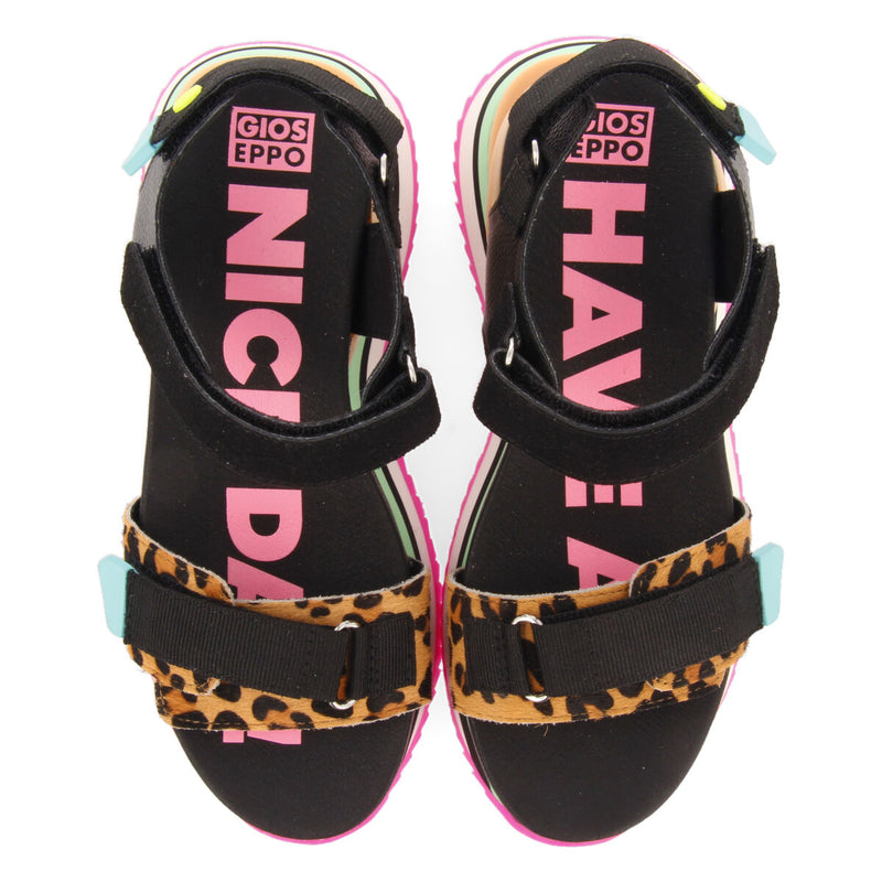 Sandalias de corte tiras ajustables negras animal print para niñas baldim