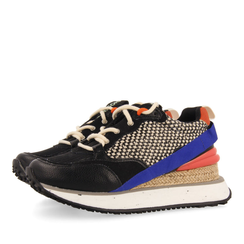 Wittes women's textured black sneakers with details and jute wedges