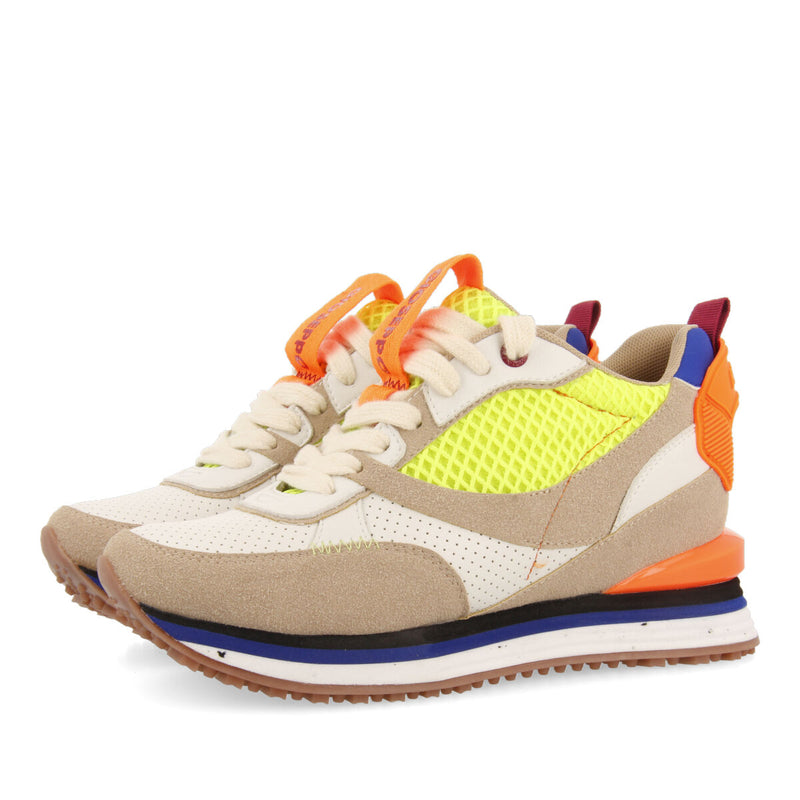 Ouanary women's beige sneakers with inner wedges and neon details