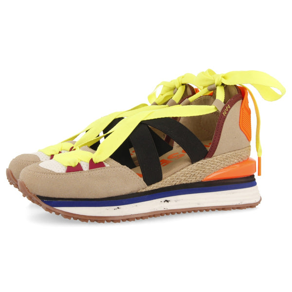 Vazante women's beige espadrille sneakers with wedges and neon accents