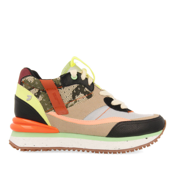 Apore women's black sneakers with inner wedges and a range of textures and prints