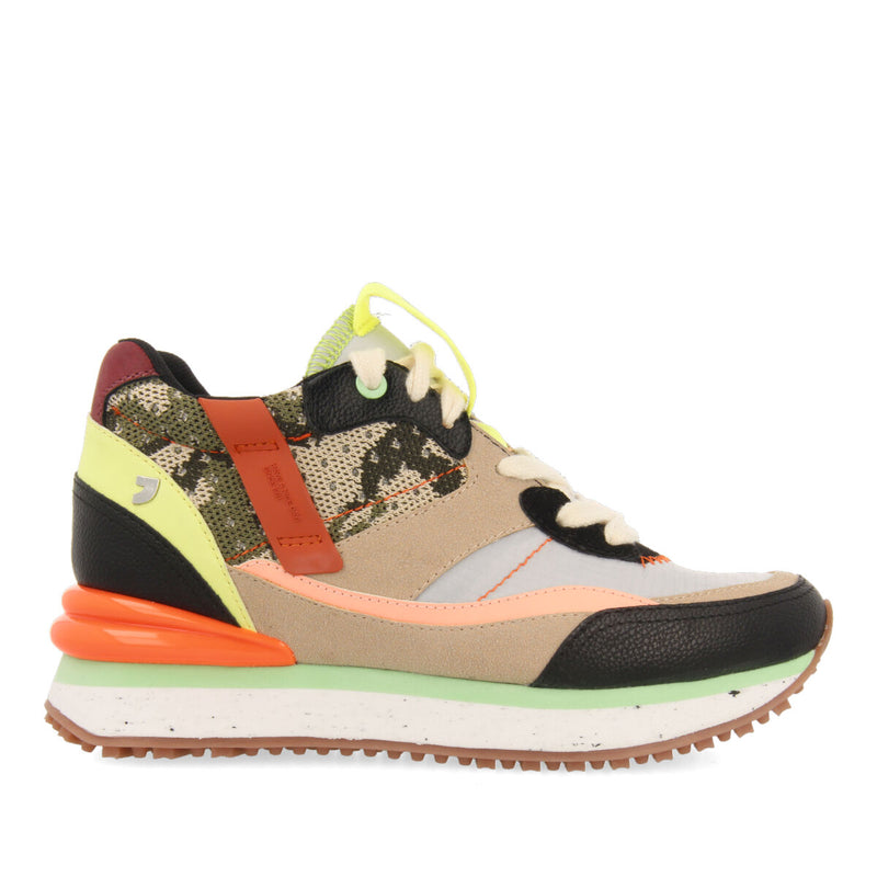 Apore women's black sneakers with inner wedges and a range of textures and prints