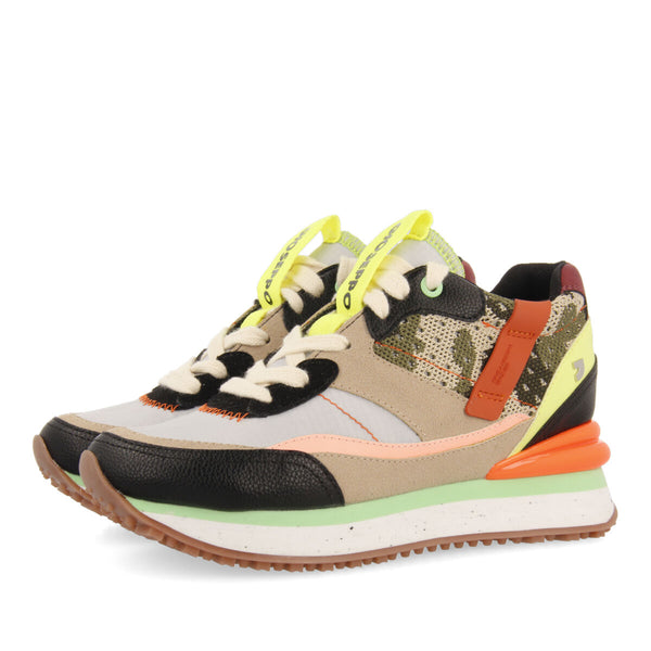 Apore women's black sneakers with inner wedges and a range of textures and prints