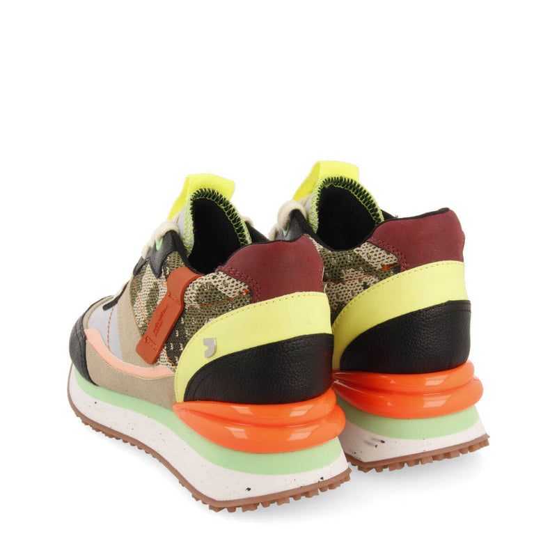 Apore women's black sneakers with inner wedges and a range of textures and prints