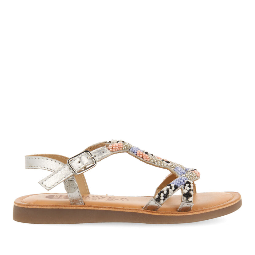 Calapan girls leather sandals with blue geometric embroidery