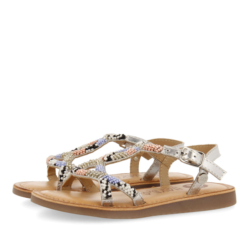 Calapan girls leather sandals with blue geometric embroidery