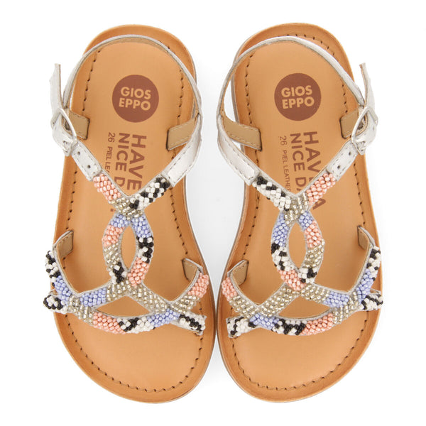 Calapan girls leather sandals with blue geometric embroidery