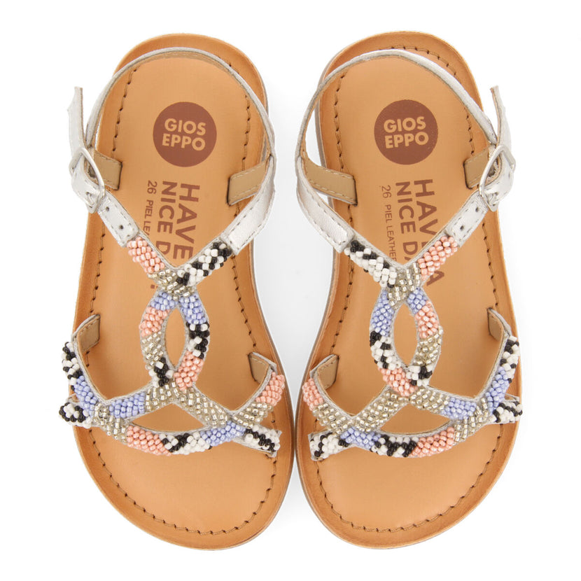 Calapan girls leather sandals with blue geometric embroidery