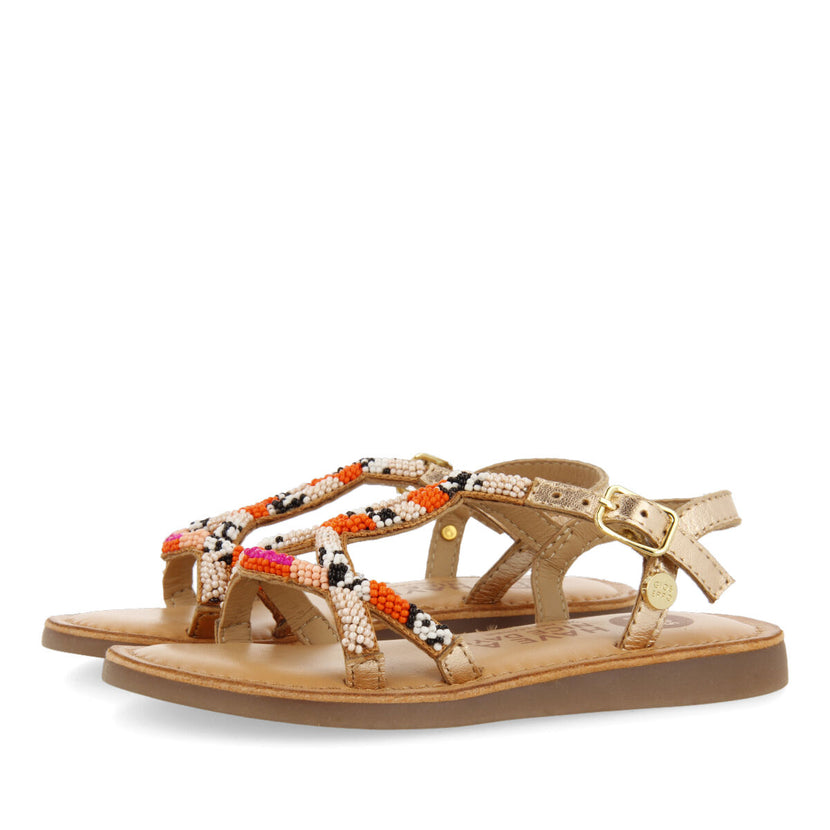 Calapan girls leather sandals withink geometric embroidery