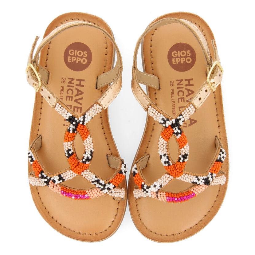 Calapan girls leather sandals withink geometric embroidery