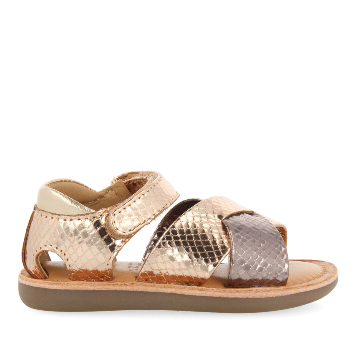 Tame girls metallic rose gold and animalrint two tone sandals