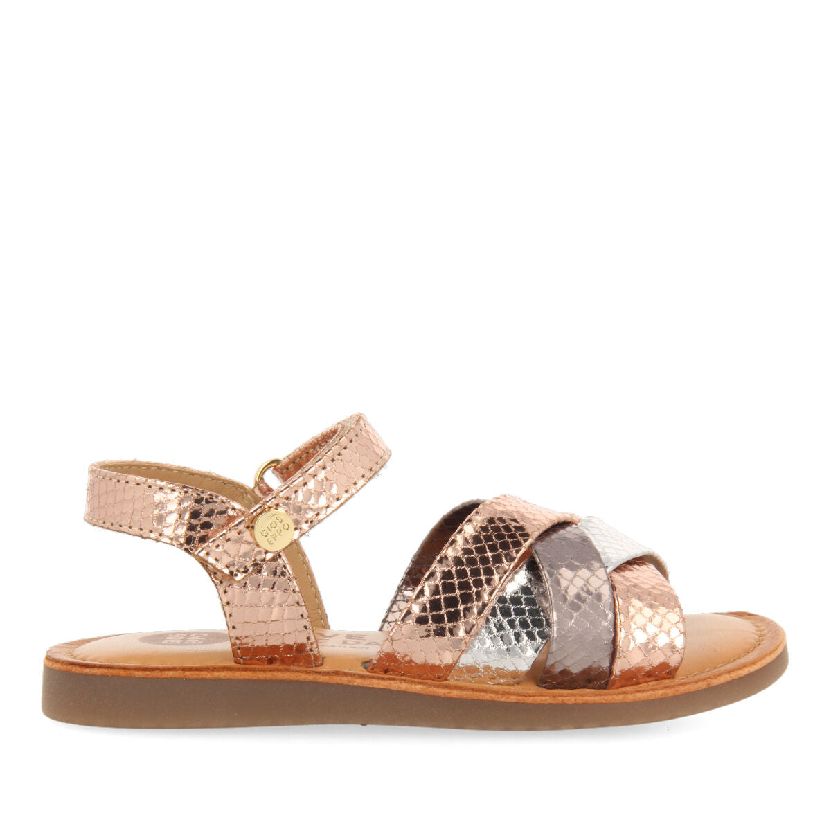Mantena girls three colour metallic rose gold leather and animalrint sandals