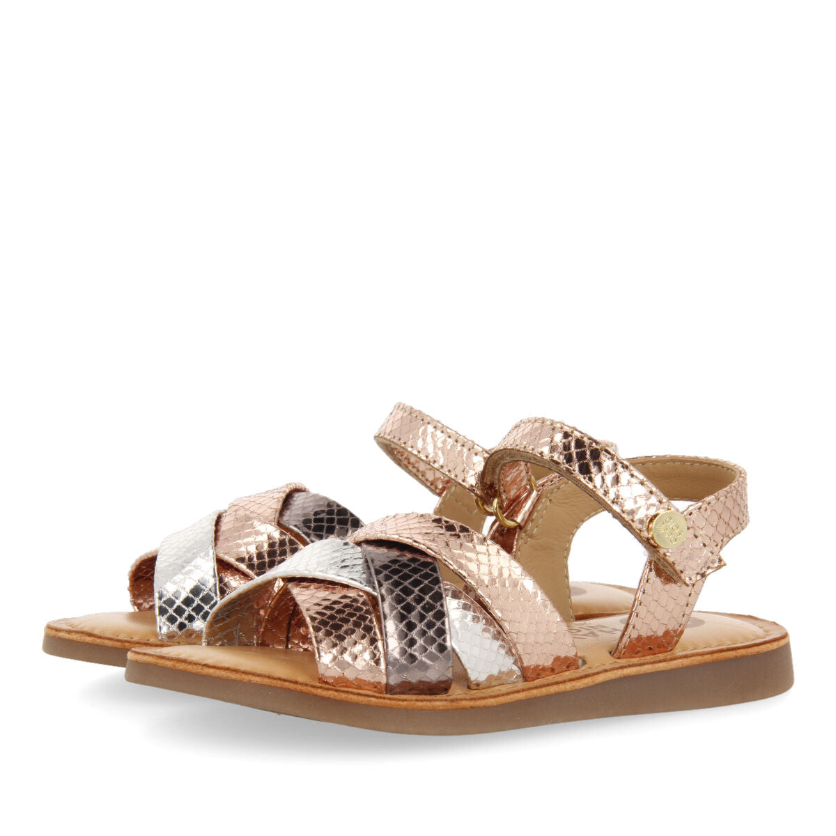 Mantena girls three colour metallic rose gold leather and animalrint sandals