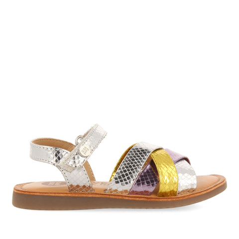 MANTENA GIRLS THREE COLOUR METALLIC SILVER LEATHER AND ANIMALRINT SANDALS