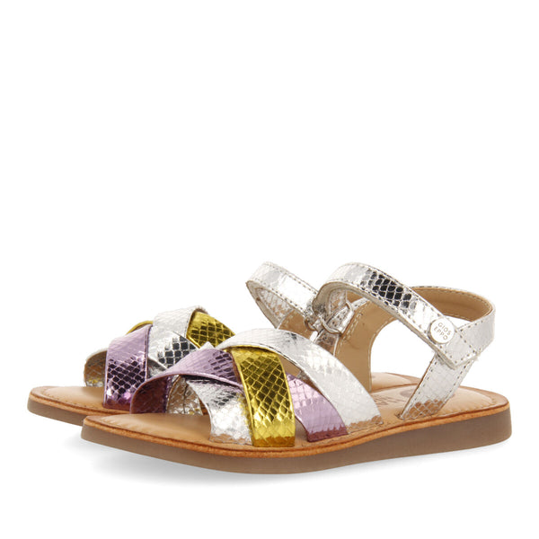 Mantena girls three colour metallic silver leather and animalrint sandals