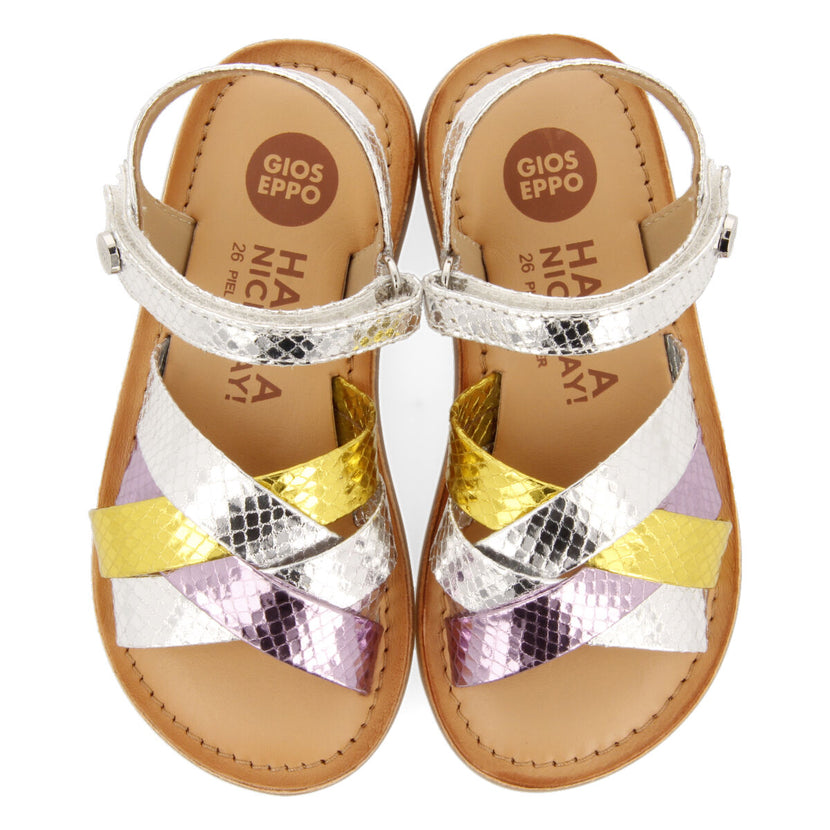 Mantena girls three colour metallic silver leather and animalrint sandals