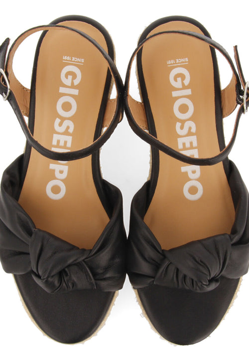Gamboa women's black leather sandals with jute wedges