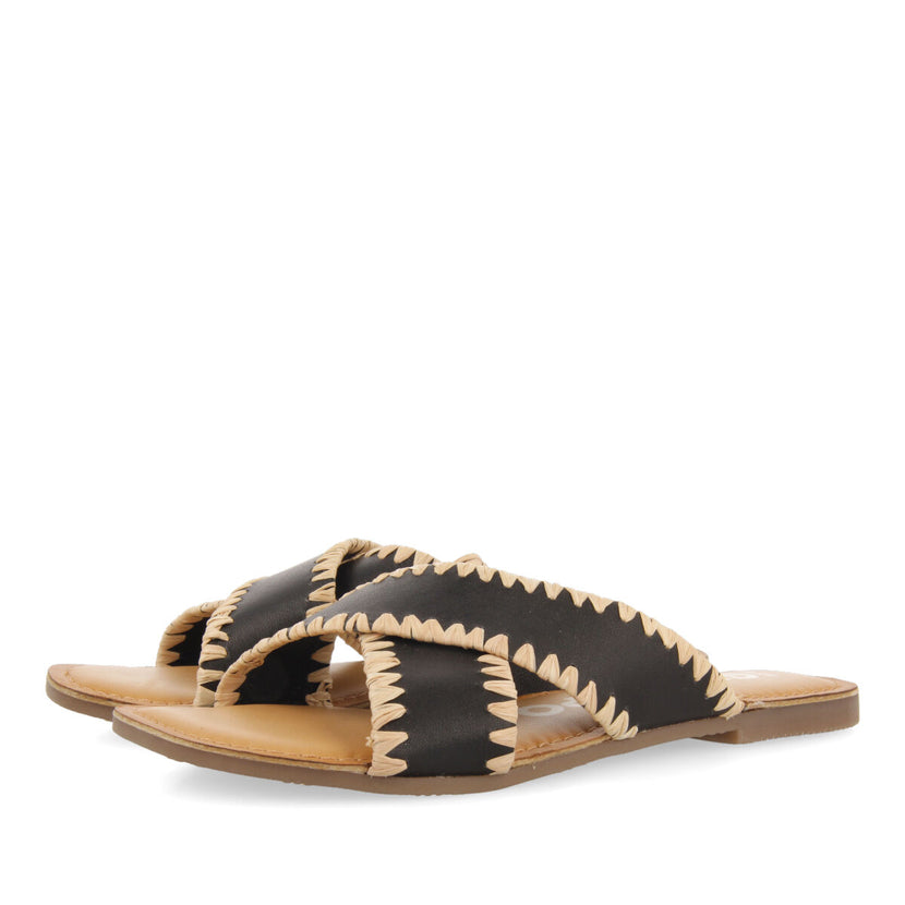 Sandalias negras de piel con pasados de rafia para mujer assu 