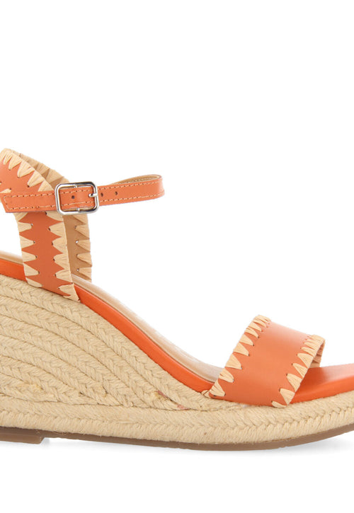 Neiva women's orange leather sandals with topstitching and jute wedges