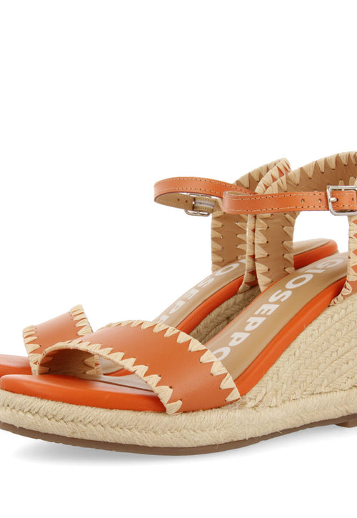 Neiva women's orange leather sandals with topstitching and jute wedges