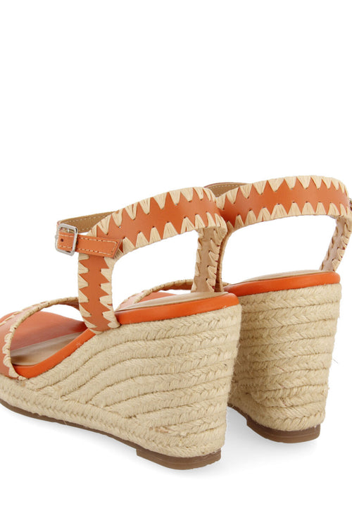 Neiva women's orange leather sandals with topstitching and jute wedges