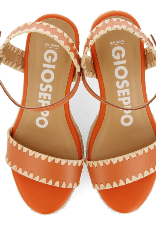 Neiva women's orange leather sandals with topstitching and jute wedges