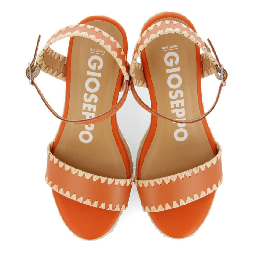 Sandalias de piel color naranja con pespuntes y cuña de yute para mujer neiva 