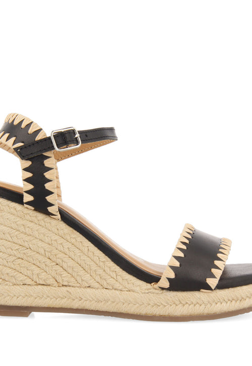 Neiva women's black leather sandals with topstitching and jute wedges