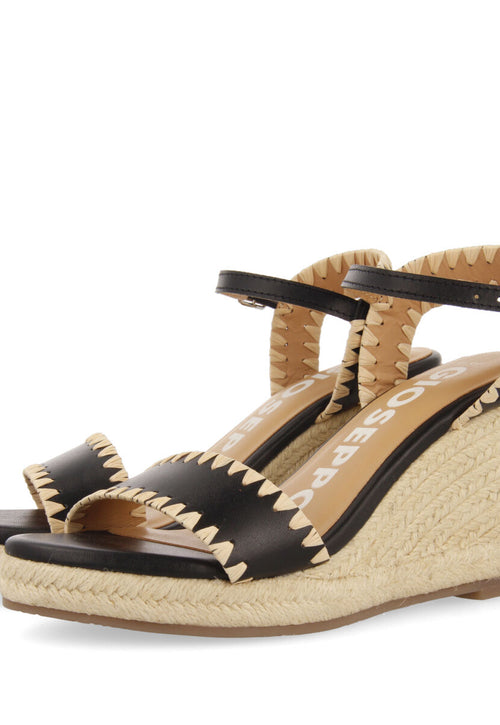 Neiva women's black leather sandals with topstitching and jute wedges
