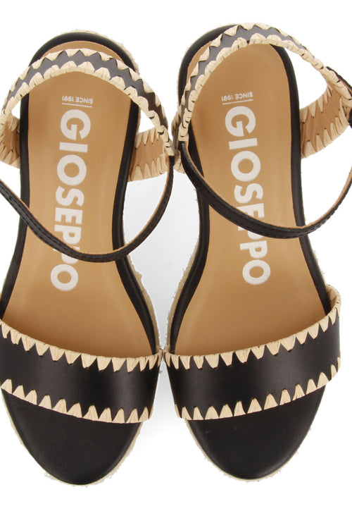 Neiva women's black leather sandals with topstitching and jute wedges