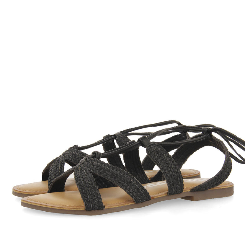 Sandalias planas de piel negras trenzadas con cordones para mujer darney 