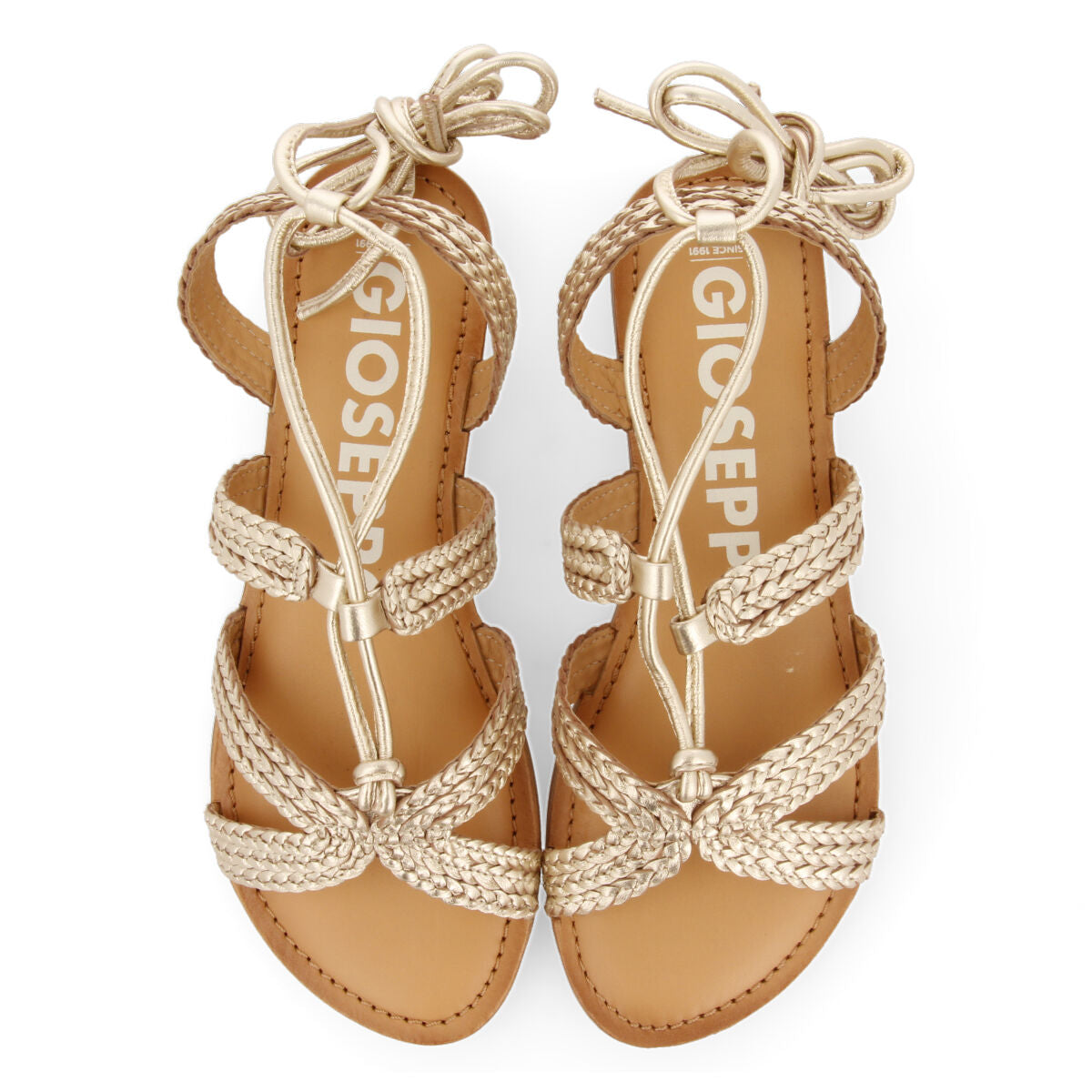 Darney women's flat gold braided leather sandals with laces