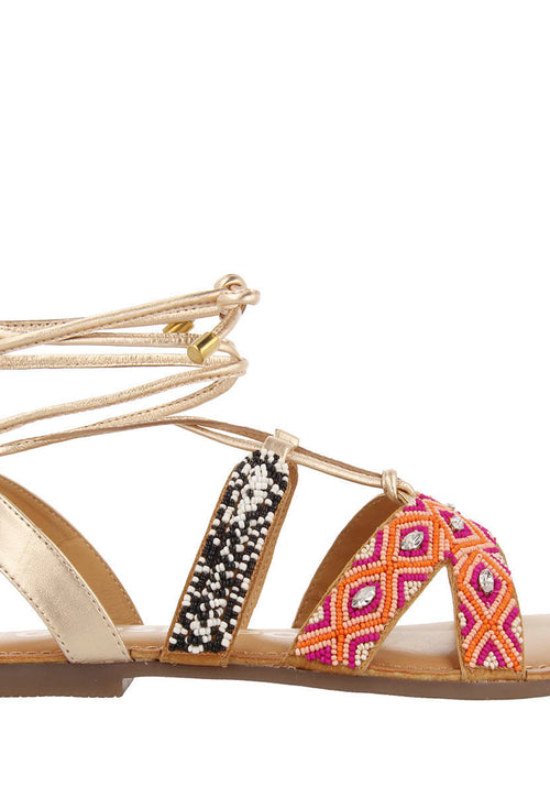 Sandalias planas de piel con trenzado étnico multicolor con cordones para mujer bresse  