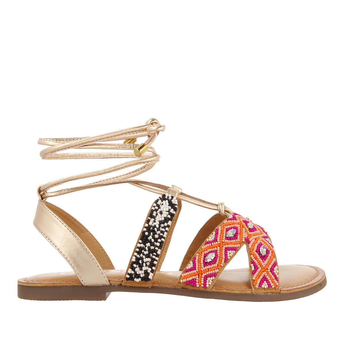 Sandales plates en peau à tressage ethnique multicolore à lacets pour femme bresse  