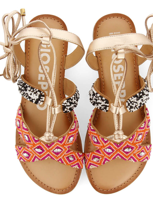 Sandalias planas de piel con trenzado étnico multicolor con cordones para mujer bresse  