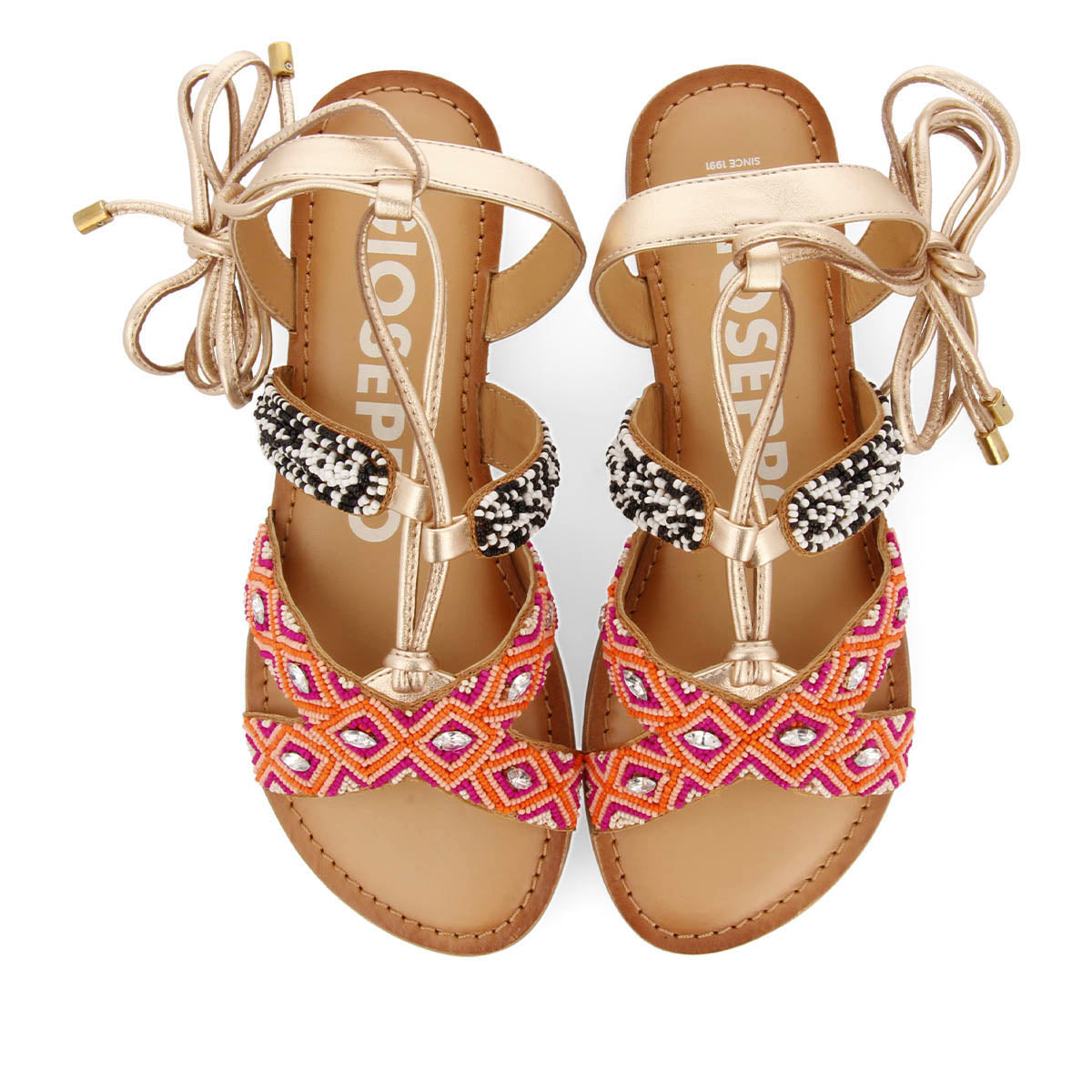 Sandales plates en peau à tressage ethnique multicolore à lacets pour femme bresse  
