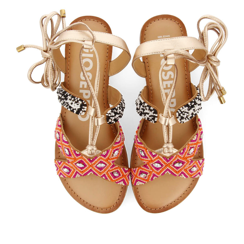 Sandalias planas de piel con trenzado étnico multicolor con cordones para mujer bresse  