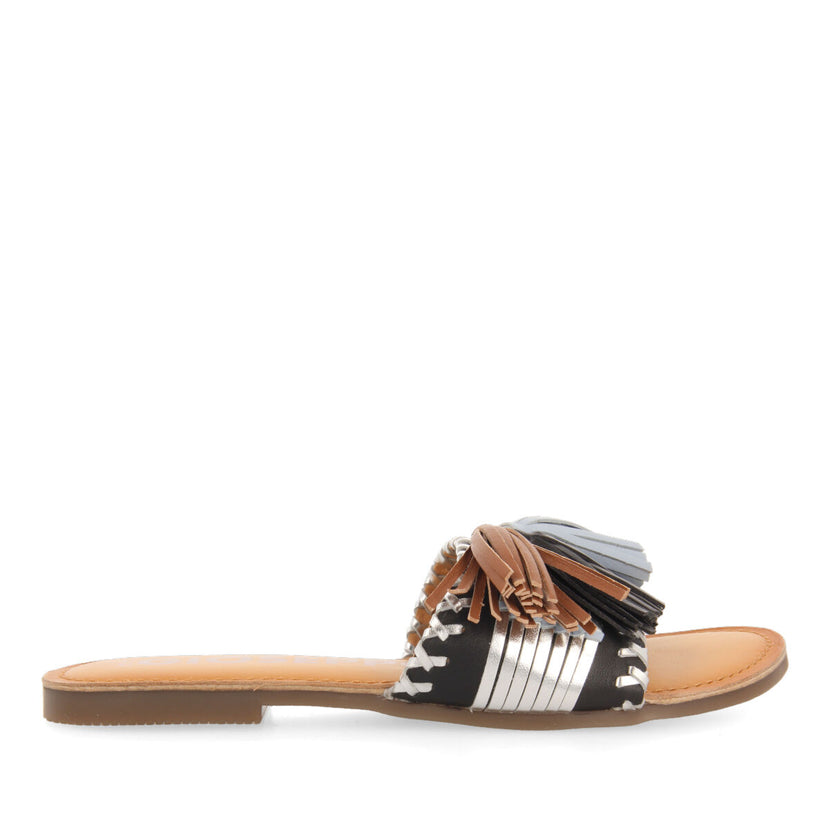 Sandalias de pala negras y plateado con borlas para mujer choisel