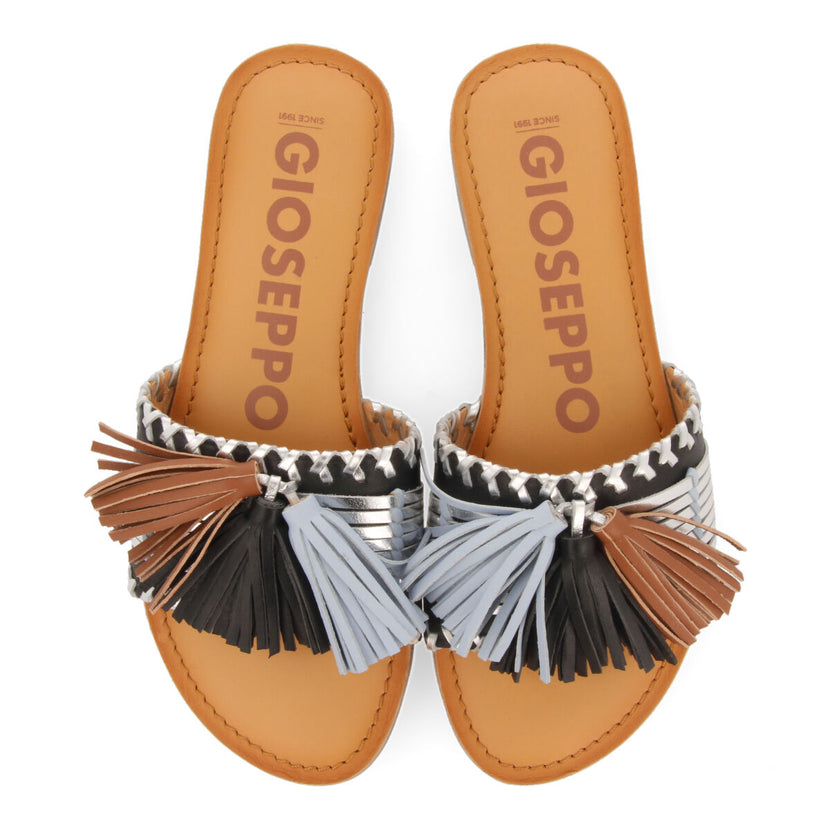 Sandalias de pala negras y plateado con borlas para mujer choisel