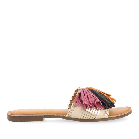 SANDALIAS DE PALA DORADAS Y BLANCAS CON BORLAS PARA MUJER CHOISEL
