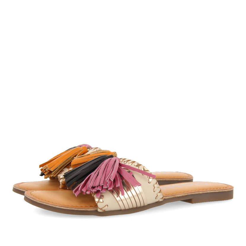 Sandalias de pala doradas y blancas con borlas para mujer choisel
