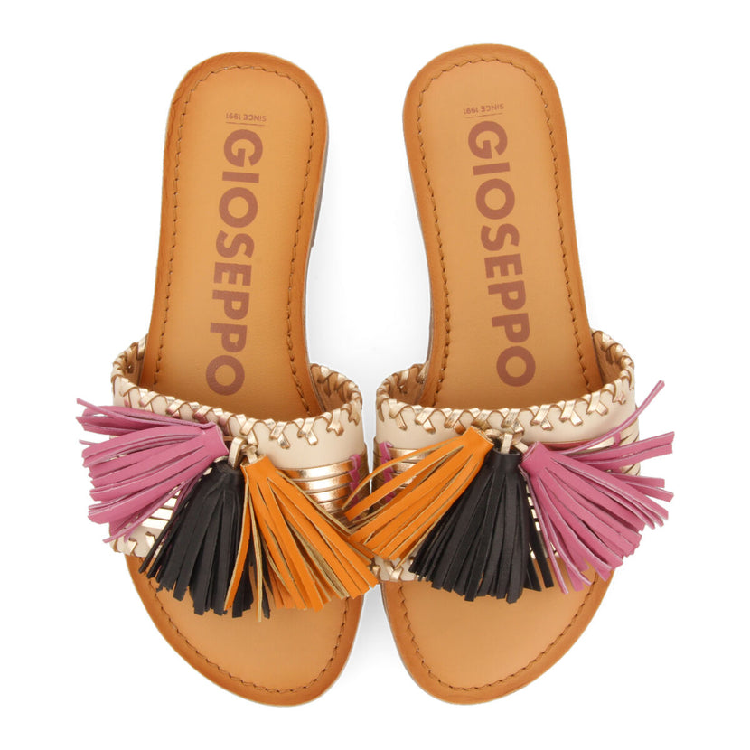 Sandalias de pala doradas y blancas con borlas para mujer choisel