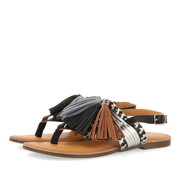 Sandalias negras y plateado con borlas para mujer piritu