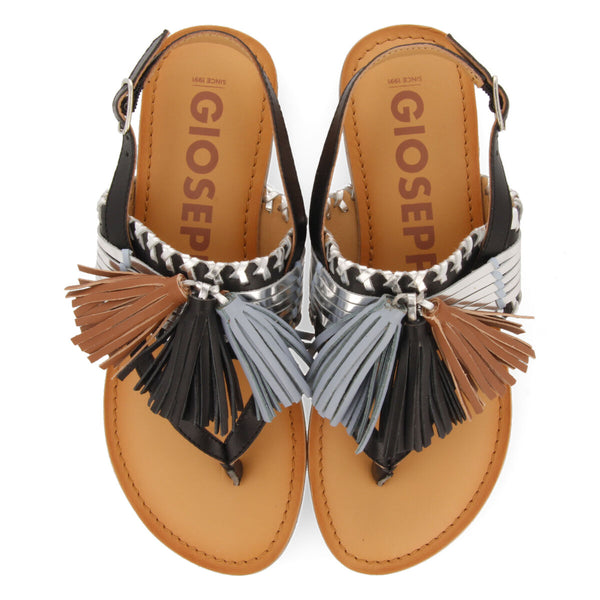 Sandalias negras y plateado con borlas para mujer piritu