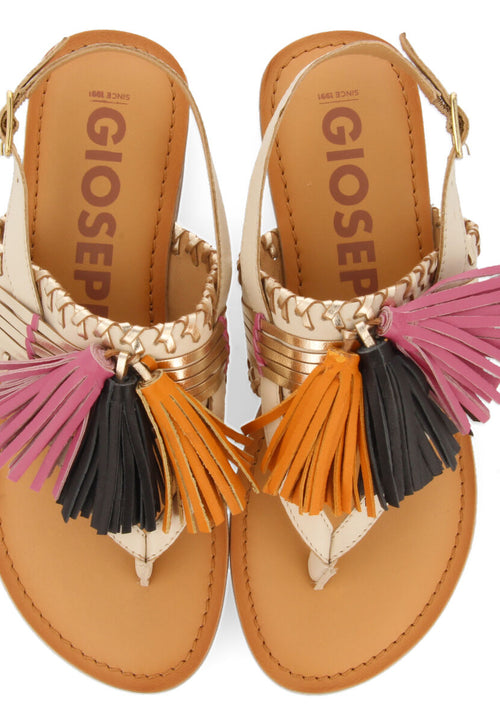 Sandalias blancas y doradas con borlas para mujer piritu