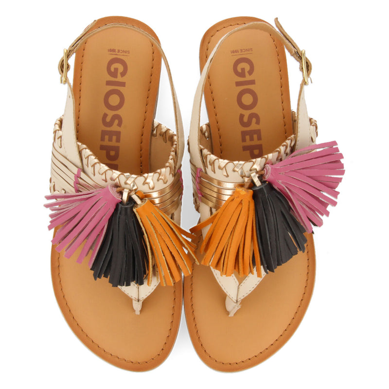 Sandalias blancas y doradas con borlas para mujer piritu