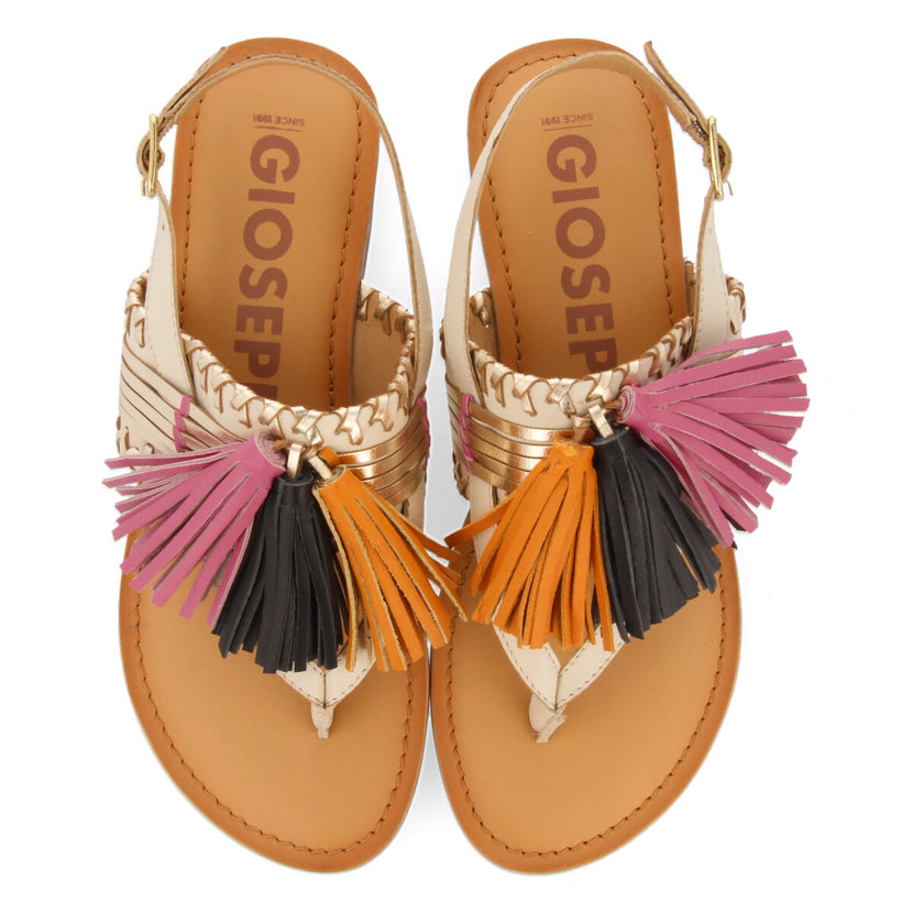 Sandalias blancas y doradas con borlas para mujer piritu
