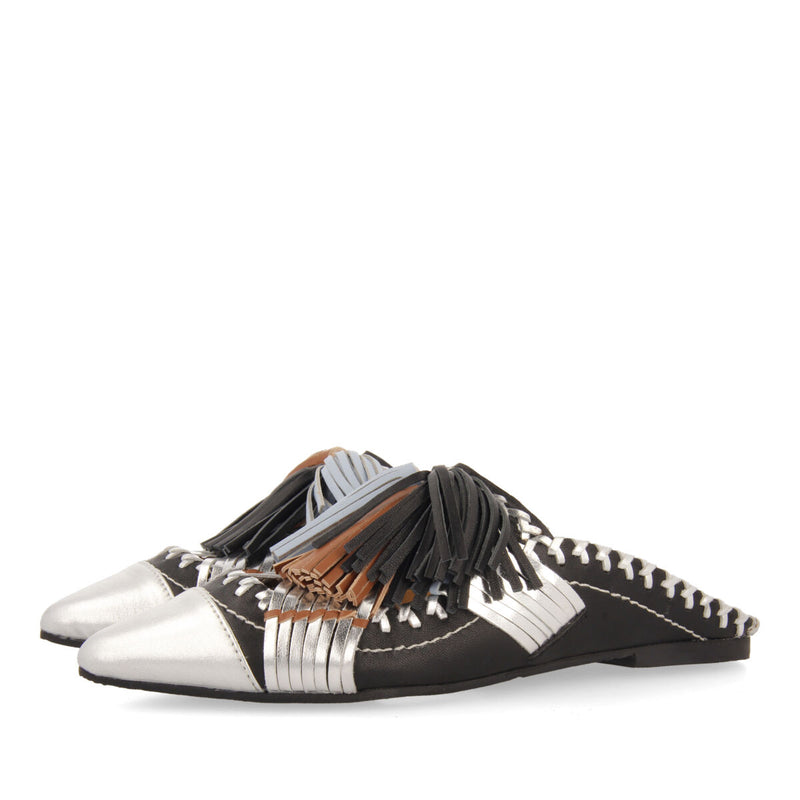 Papantla women's black leather mules with tassels